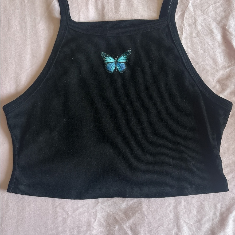 SHEIN Black Crop Tank Top with Blue Butterfly
